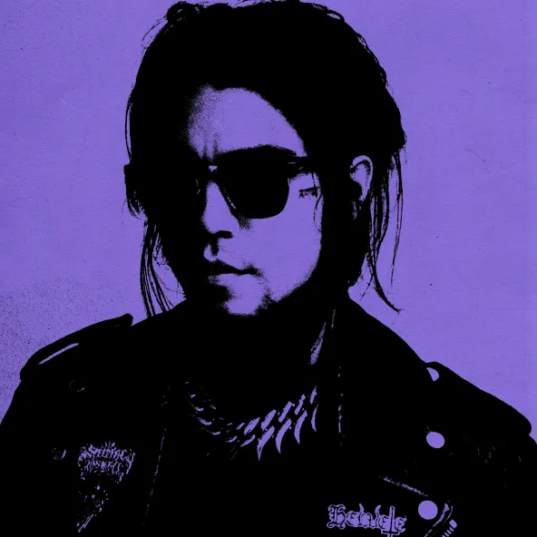 Portrait of C X A: dark sunglasses, black leather jacket and a spiked chain, in purple and black