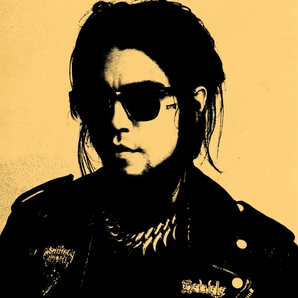 Portrait of C X A: dark sunglasses, black leather jacket and a spiked chain, in gold and black